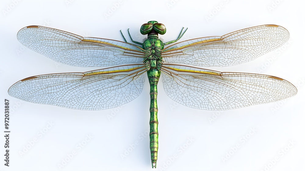 76. A lifelike 3D render of a large, vivid green dragonfly with detailed wings, isolated on a pristine white background 76. A lifelike 3D render of a large, vivid green dragonfly with detailed wings, isolated on a pristine white background