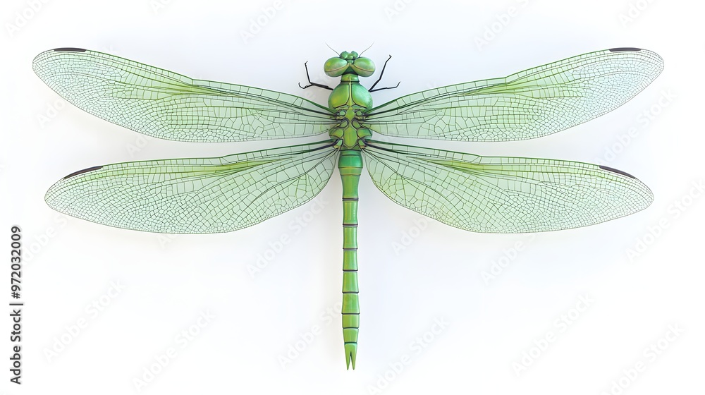 76. A lifelike 3D render of a large, vivid green dragonfly with detailed wings, isolated on a pristine white background 76. A lifelike 3D render of a large, vivid green dragonfly with detailed wings, isolated on a pristine white background