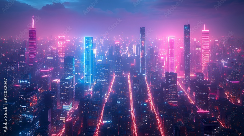 A neon-lit futuristic cityscape viewed from above, with glowing data pathways connecting towering glass skyscrapers. The city pulses with energy, A neon-lit futuristic cityscape viewed from above, with glowing data pathways connecting towering glass skyscrapers. The city pulses with energy,