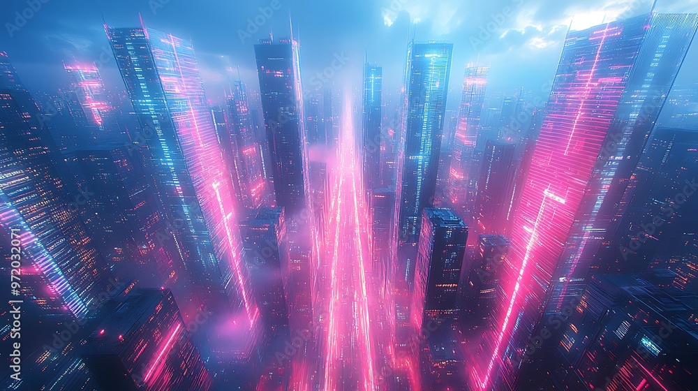 A neon-lit futuristic cityscape viewed from above, with glowing data pathways connecting towering glass skyscrapers. The city pulses with energy, A neon-lit futuristic cityscape viewed from above, with glowing data pathways connecting towering glass skyscrapers. The city pulses with energy,