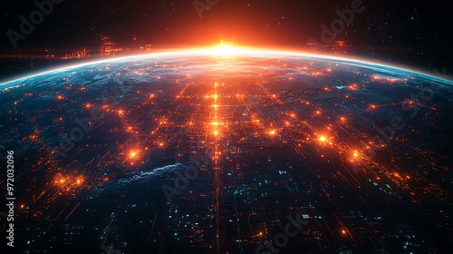 Fototapeta Naklejka Na Ścianę i Meble -  A satellite view of Earth, where bright neon data streams visibly link continents and cities, creating a vast web of global communication. The digital lines pulse with energy,