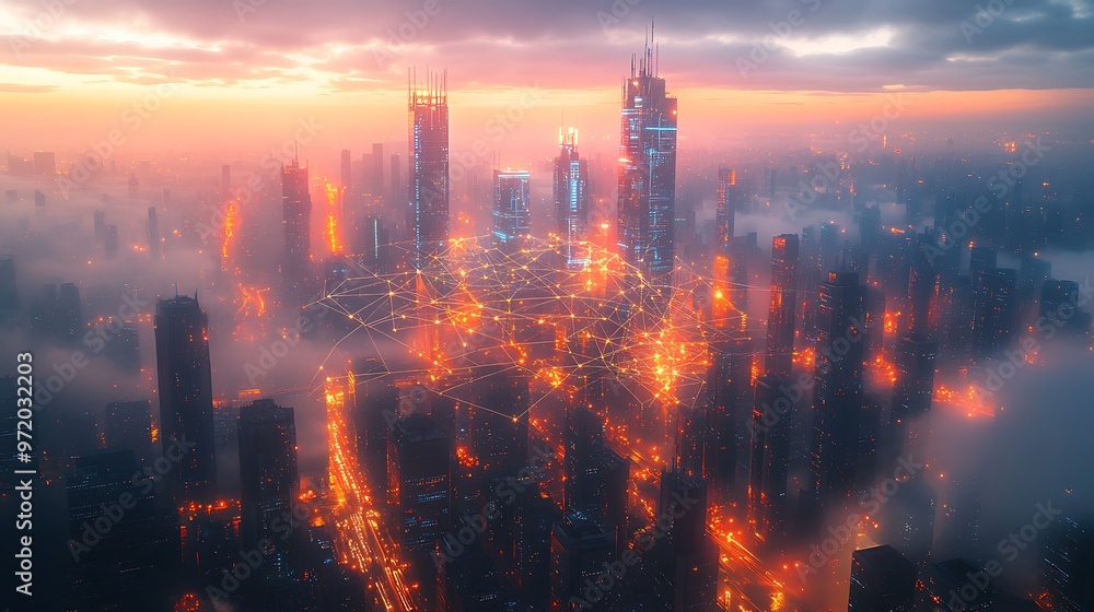 Fototapeta premium A smart city glowing under the twilight, communication lines connecting high-tech skyscrapers and digital traffic systems. The illuminated grid forms a web of data and connection,