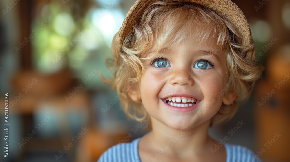 Close-up of a smiling child with blue eyes and curly hair wearing a cap, radiating joy and innocence. Close-up of a smiling child with blue eyes and curly hair wearing a cap, radiating joy and innocence.