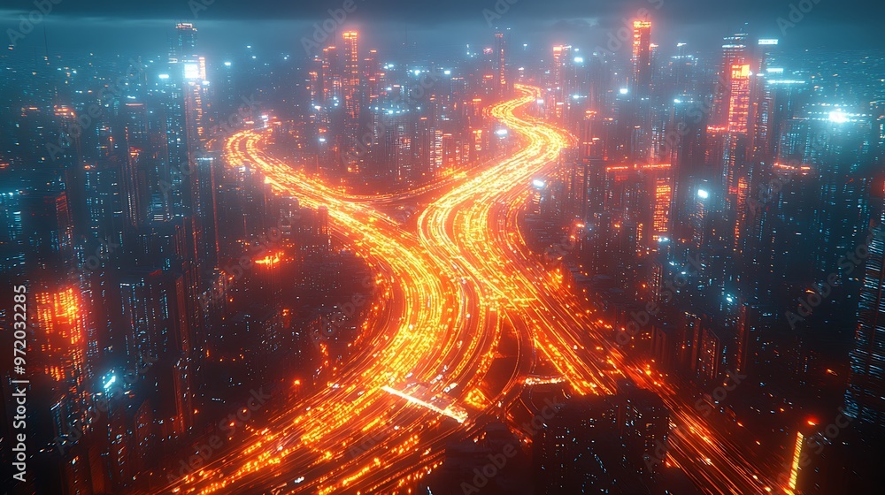 A smart city seen from above, where digital networks glow as they connect buildings and transportation systems, forming a complex web of energy. A smart city seen from above, where digital networks glow as they connect buildings and transportation systems, forming a complex web of energy.