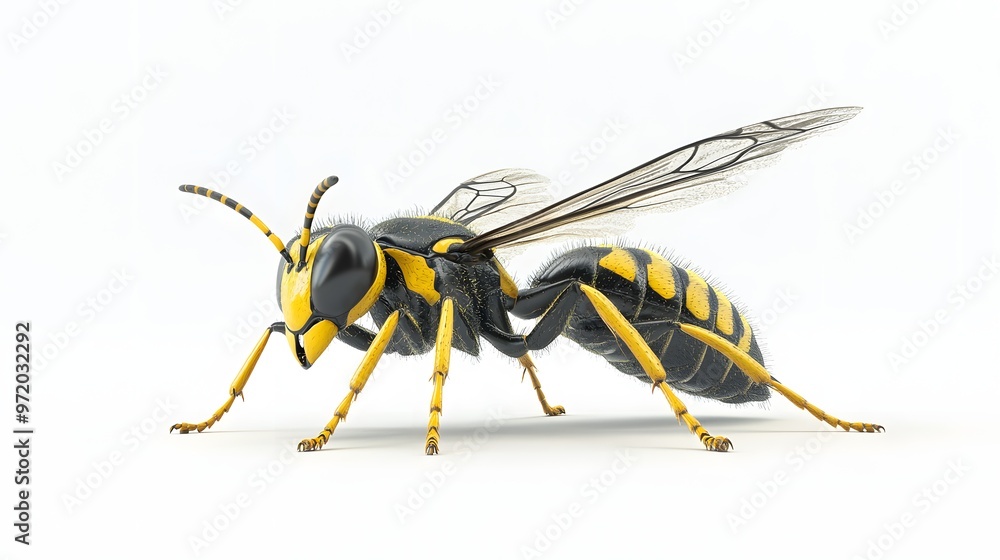 78. A close-up 3D render of a yellow and black wasp with intricate body details, isolated on a pristine white background