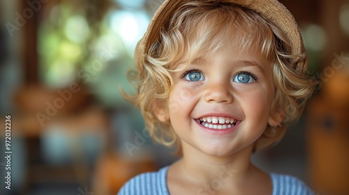 Close-up of a smiling child with blue eyes and curly hair wearing a cap, radiating joy and innocence.