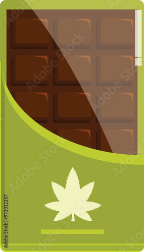 Green packaging showing a chocolate bar inside and a cannabis leaf logo, for edibles marketing and promotion