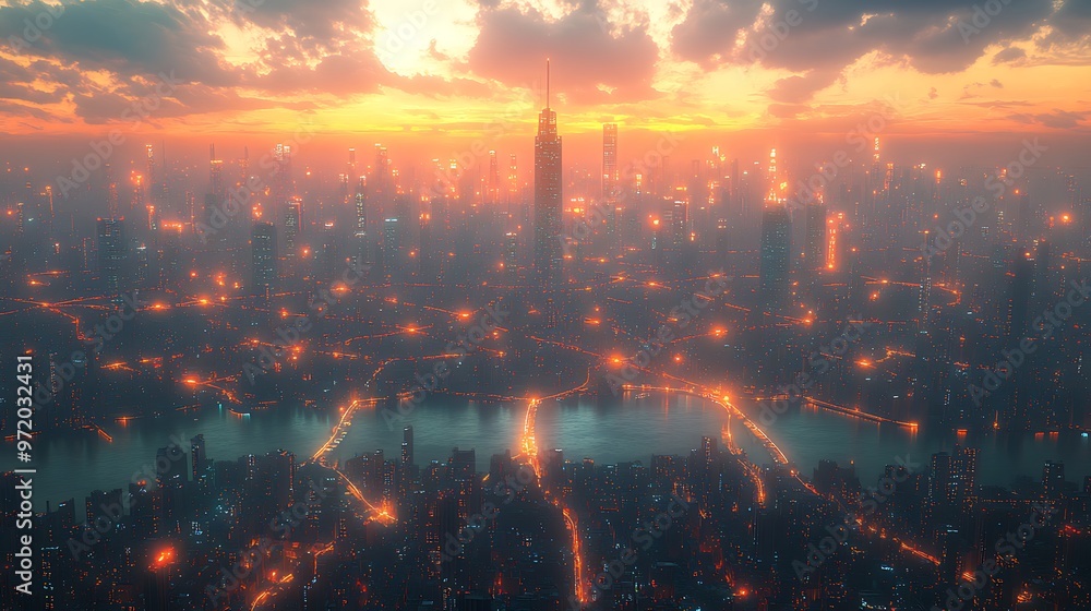 A sprawling cityscape glowing with digital energy, where illuminated data networks connect smart infrastructure and towering skyscrapers. A sprawling cityscape glowing with digital energy, where illuminated data networks connect smart infrastructure and towering skyscrapers.