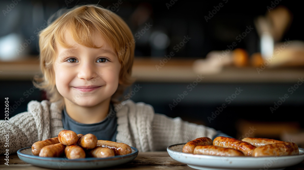 Blond child smiling at a table with plates of sausages, enjoying a meal in a cozy kitchen setting. Blond child smiling at a table with plates of sausages, enjoying a meal in a cozy kitchen setting.