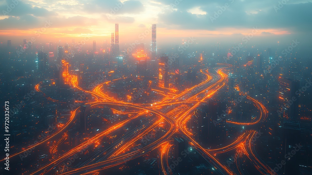 Fototapeta premium A sprawling futuristic city glowing with interconnected neon lines, where highways, trains, and skyscrapers are seamlessly linked by glowing communication networks.