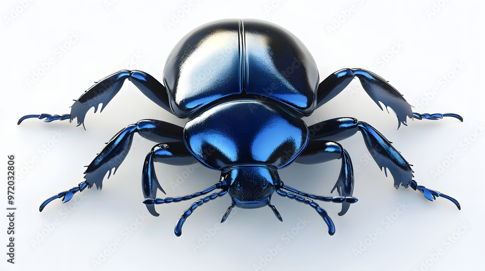 Naklejka premium 80. A realistic 3D render of a detailed blue beetle with shiny surface, isolated on a pristine white background
