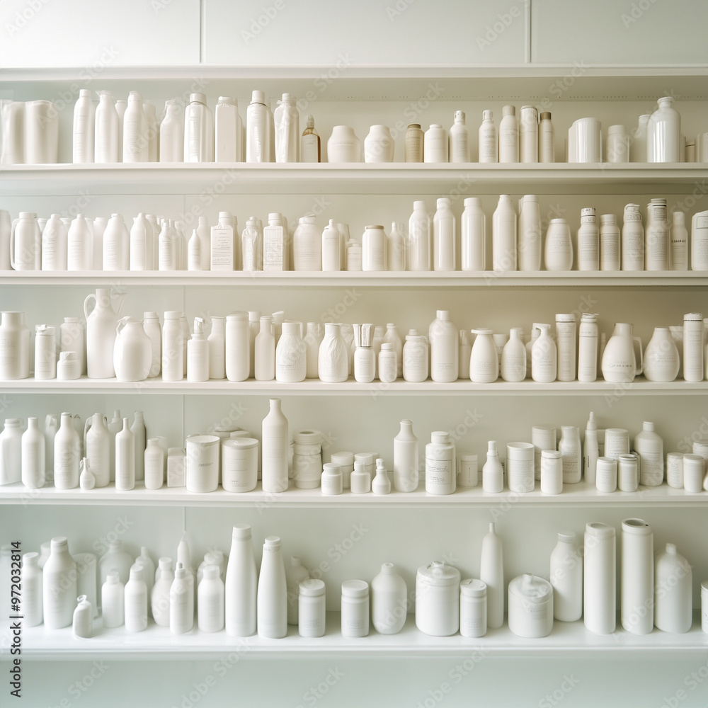 beauty, wellness Products on an Infinite white retail cosmetics shelf featuring a range of blank packaging including bottles, tubes, boxes, jars, squeeze plastic or glass products, recyclable. beauty, wellness Products on an Infinite white retail cosmetics shelf featuring a range of blank packaging including bottles, tubes, boxes, jars, squeeze plastic or glass products, recyclable.