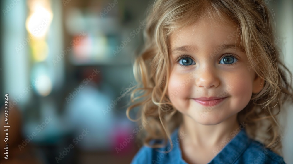 A smiling child with curly blonde hair and blue eyes, wearing a blue shirt, in a soft, blurred background. A smiling child with curly blonde hair and blue eyes, wearing a blue shirt, in a soft, blurred background.