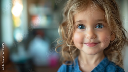 A smiling child with curly blonde hair and blue eyes, wearing a blue shirt, in a soft, blurred background.