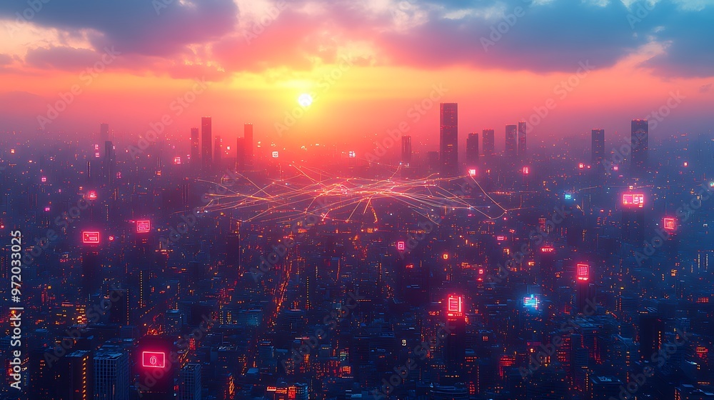 Fototapeta premium A sprawling metropolis at dusk, where neon-lit data streams link mobile devices, homes, and businesses. The vibrant lines of digital communication create a web of energy over the urban landscape,