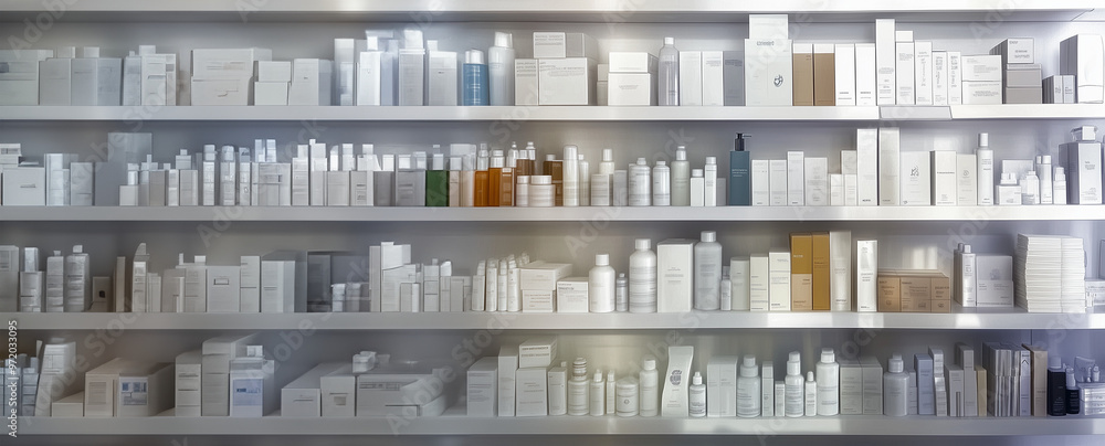 Shelves filled with a variety of generic white packaging, various products in a store. The packages are different shapes and sizes, including bottles, boxes, and containers, all without Shelves filled with a variety of generic white packaging, various products in a store. The packages are different shapes and sizes, including bottles, boxes, and containers, all without