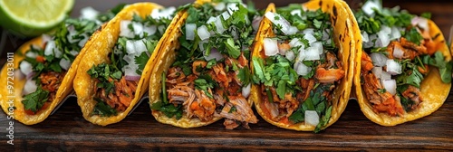 three delicious taco shells filled with seasoned ground beef, shredded lettuce, diced tomatoes, and melted cheese, garnished with cilantro and served with a side of pico de gallo salsa on a rustic woo photo