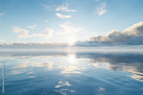 Serene Waterscape, tranquil body of water, soft clouds above, shimmering reflections on the surface, sunlight piercing through clouds, creating a peaceful atmosphere. photo