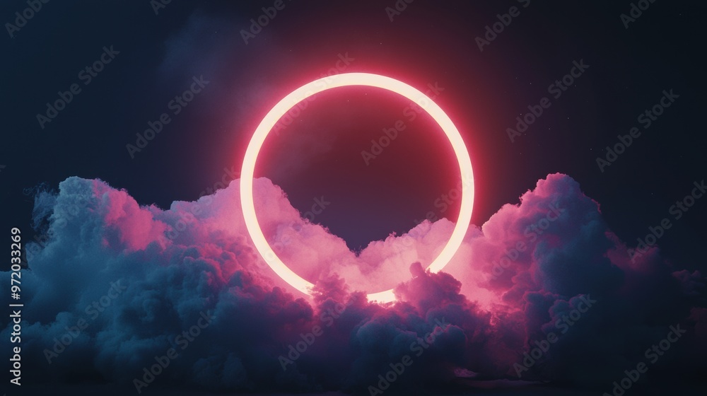 Glowing Celestial Neon Circle Enveloped in Ethereal Clouds Glowing Celestial Neon Circle Enveloped in Ethereal Clouds