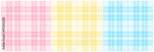 Pink, yellow and light blue tartan plaid pattern set. Classic Scottish seamless check pattern for plaid fabric, flannel shirt, blanket, clothes, skirt, tablecloth, textile.