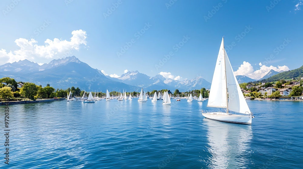 Obraz premium An ultra-sharp photograph of a picturesque harbor filled with sailboats, set against a bright blue sky and distant mountains. The image features deep depth of field and space for text in the sky and