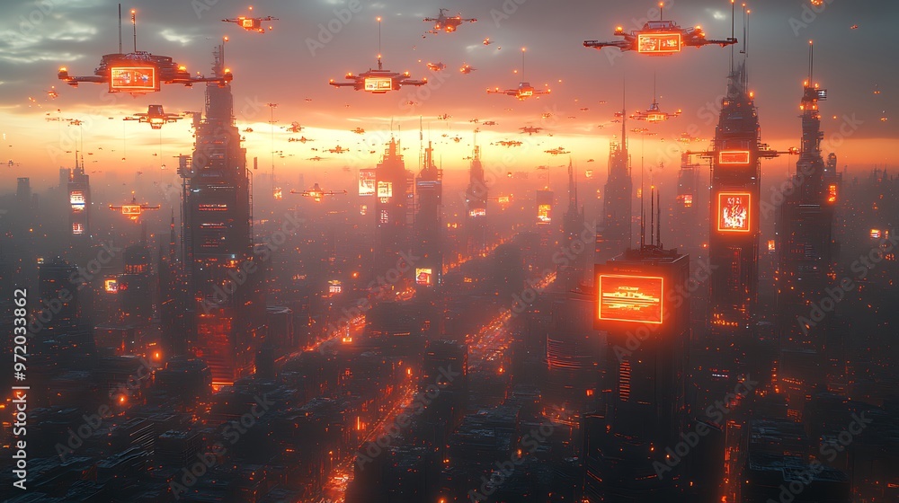 Obraz premium A tech-driven metropolis bustling with floating drones and holographic billboards, interconnected by glowing communication lines. The futuristic streets are lit up by neon holograms,