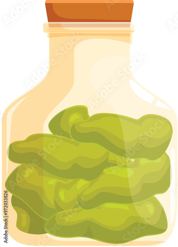 Glass jar with cork stopper containing whole green peppers, illustrating food preservation