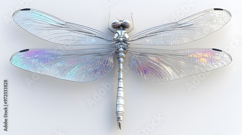 66. A close-up 3D render of a silver dragonfly with iridescent wings, isolated on a pristine white background