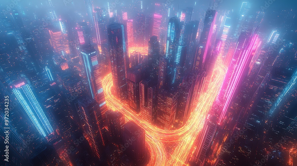 Fototapeta premium A top-down view of a modern city at night, with bright data lines glowing in neon colors, connecting skyscrapers and roads in a web of digital networks. The city pulses with technological energy,