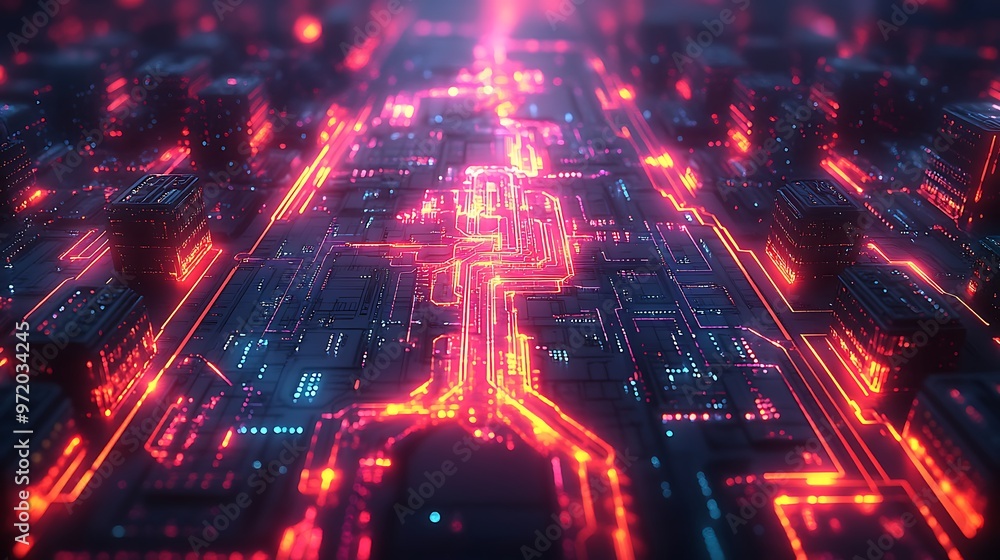 A top-down view of a smart city powered by AI, with glowing neon circuits connecting every structure and transportation system. The digital network pulses with vibrant energy, A top-down view of a smart city powered by AI, with glowing neon circuits connecting every structure and transportation system. The digital network pulses with vibrant energy,