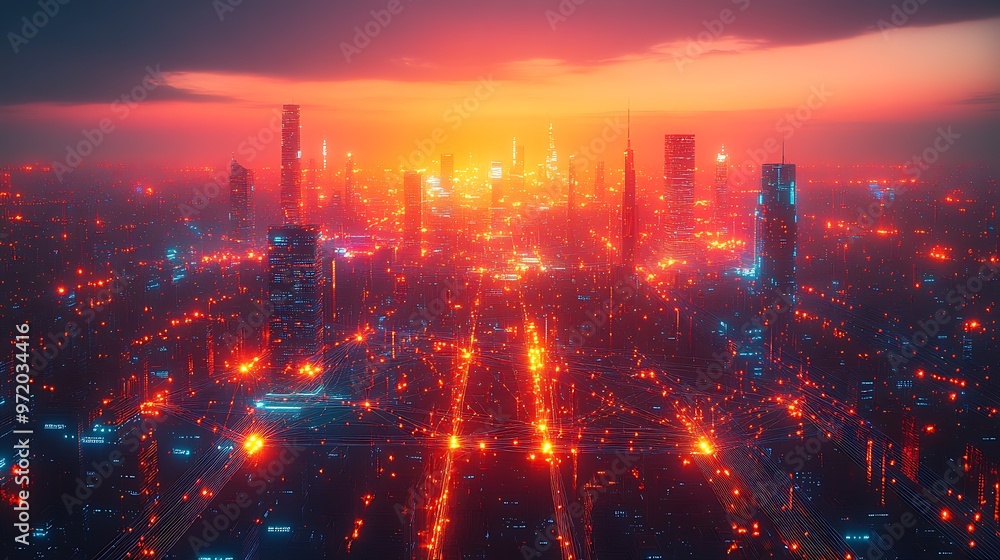 Fototapeta premium A vibrant aerial view of a futuristic smart city, with glowing digital networks connecting buildings, streets, and transportation hubs.