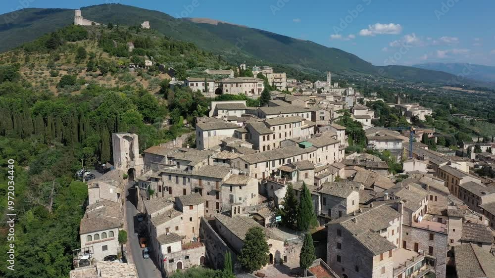 Aerial view of Basilica di San Francesco d'Assisi on a summer day, Perugia, Italy, Europe Aerial view of Basilica di San Francesco d'Assisi on a summer day, Perugia, Italy, Europe