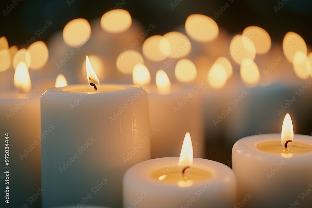 A large group of white candles burning in the background, representing solemnity and celebration A large group of white candles burning in the background, representing solemnity and celebration