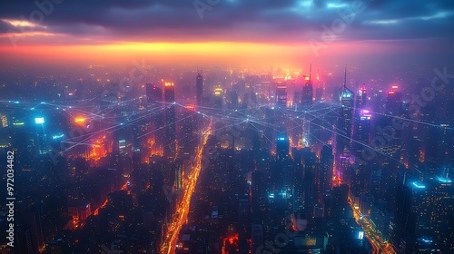 Wallpaper Mural A vibrant aerial view of a high-tech city glowing under the night sky, where communication lines and data streams are visible connecting skyscrapers and roads. The city pulses with neon colors, Torontodigital.ca