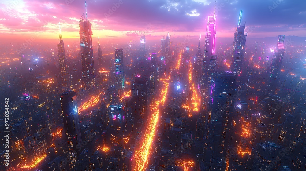 Aerial view of a cyberpunk city glowing with neon lights, data streams forming bright pathways between sleek skyscrapers and smart infrastructure. Aerial view of a cyberpunk city glowing with neon lights, data streams forming bright pathways between sleek skyscrapers and smart infrastructure.