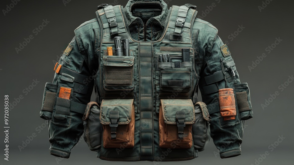 Tactical jacket with multiple pockets for utility and storage. Tactical jacket with multiple pockets for utility and storage.