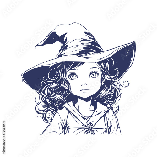 Happy young cute witch girl sketchbook cartoon style portrait. Curly hair and big anime style eyes. Halloween relative smiling character