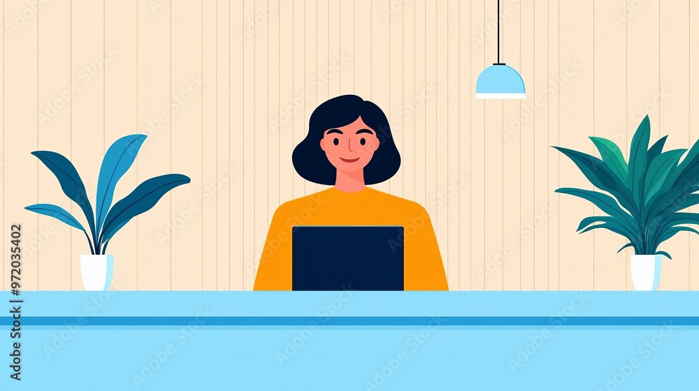 Fototapeta premium A cheerful woman working on a laptop at a modern workspace, surrounded by indoor plants and a bright, welcoming atmosphere.