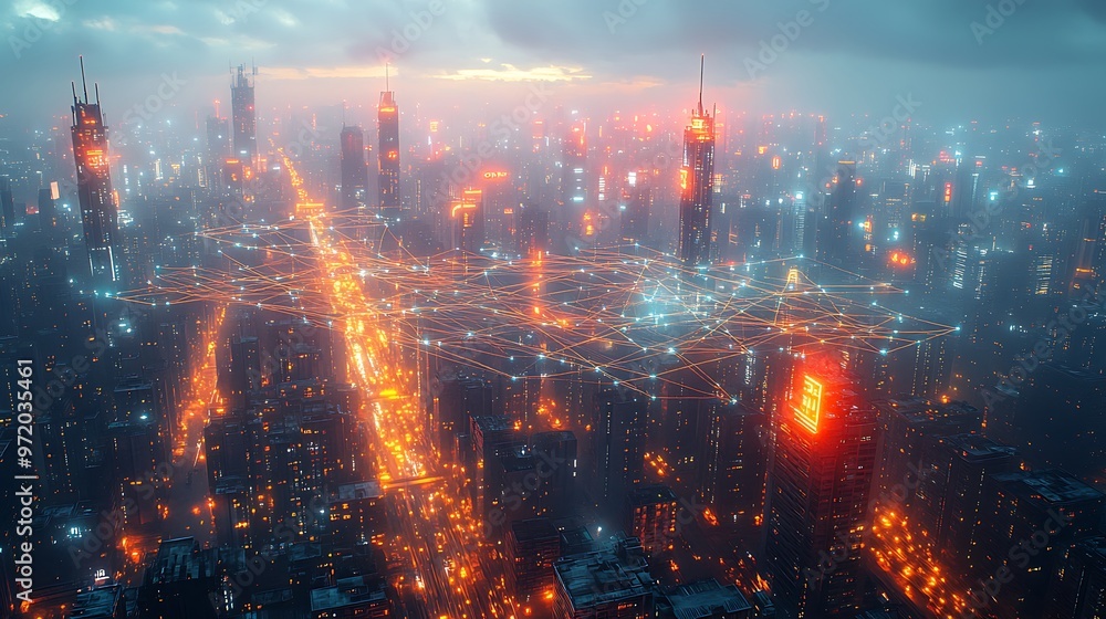 Fototapeta premium An aerial view of a futuristic city, with illuminated data lines connecting every building and road, forming a glowing digital web. The cityscape is alive with energy,