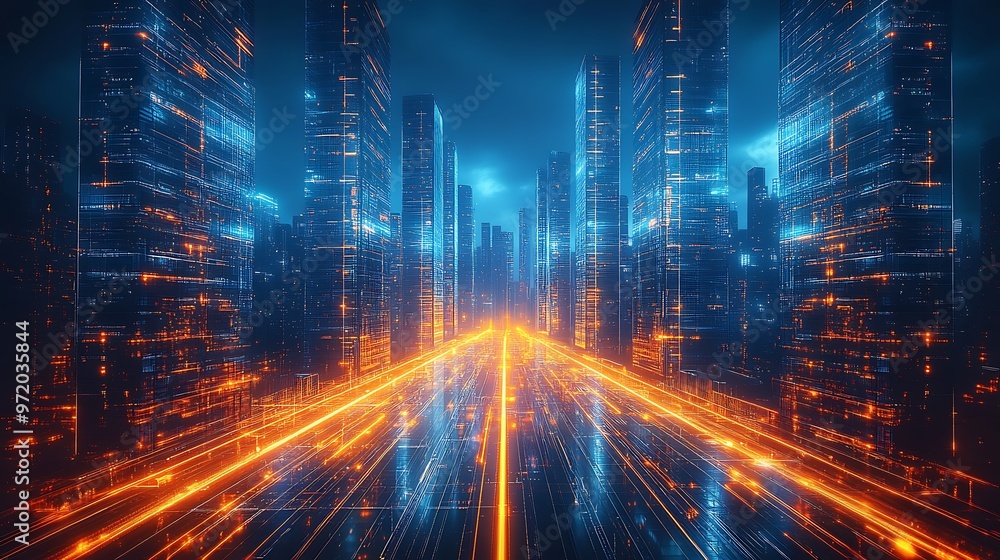 Futuristic city glowing under a night sky, with bright neon lines representing data pathways connecting the sleek high-tech towers. Futuristic city glowing under a night sky, with bright neon lines representing data pathways connecting the sleek high-tech towers.