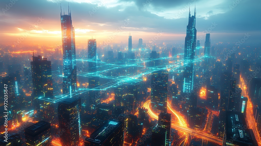 Fototapeta premium Futuristic smart city at dusk, with a glowing network of neon blue and green communication lines flowing between skyscrapers, smart roads, and transport hubs.