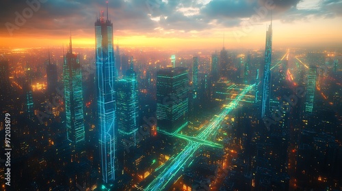 Futuristic smart city at dusk, with a glowing network of neon blue and green communication lines flowing between skyscrapers, smart roads, and transport hubs.