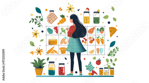 Healthy meal planning with daily food ingredients list tiny person concept. Weekly eating schedule with plan for slimming, detox and wellness vector illustration. Calories counting  photo