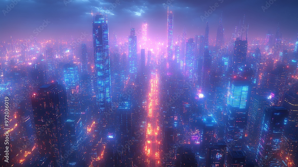 Obraz premium High-tech cityscape viewed from above, with bright blue and purple communication networks glowing between buildings and streets, forming a visible web of data and energy.