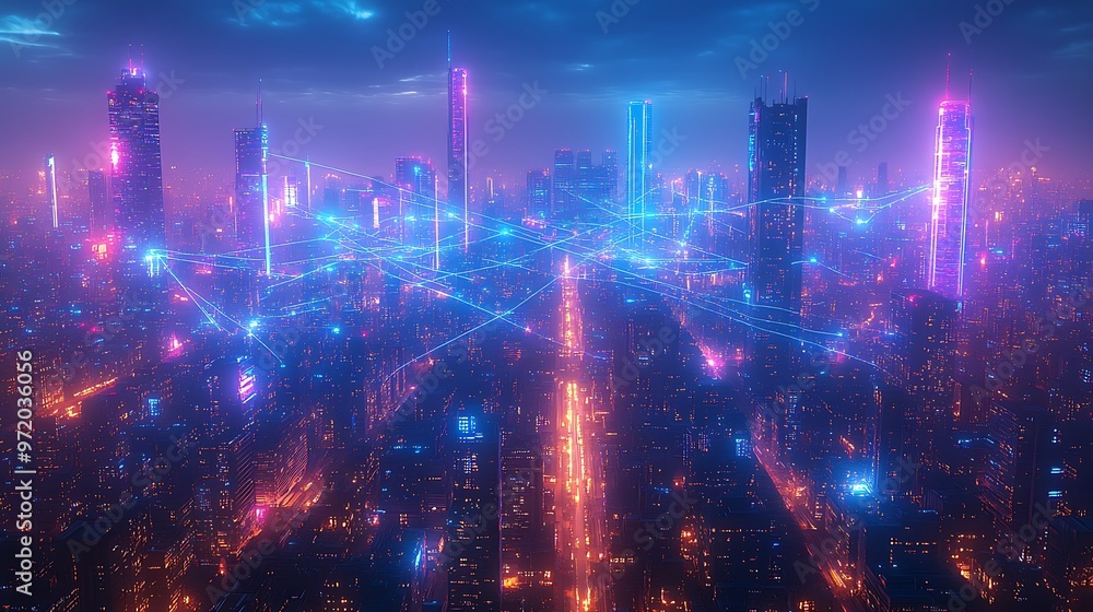 Obraz premium Nighttime view of a futuristic city, its illuminated skyline connected by neon blue and purple communication lines weaving between buildings and transportation hubs.
