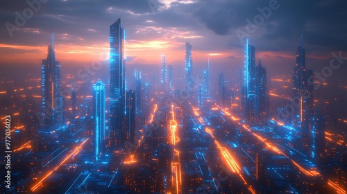 High-tech metropolis seen from above, with glowing blue and orange lines representing data streams connecting transportation hubs, skyscrapers, and residential areas.