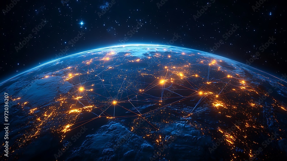 The Earth from space at night, with glowing data lines connecting major global cities across continents, forming a digital web of communication. The neon lights pulse across the planet, The Earth from space at night, with glowing data lines connecting major global cities across continents, forming a digital web of communication. The neon lights pulse across the planet,