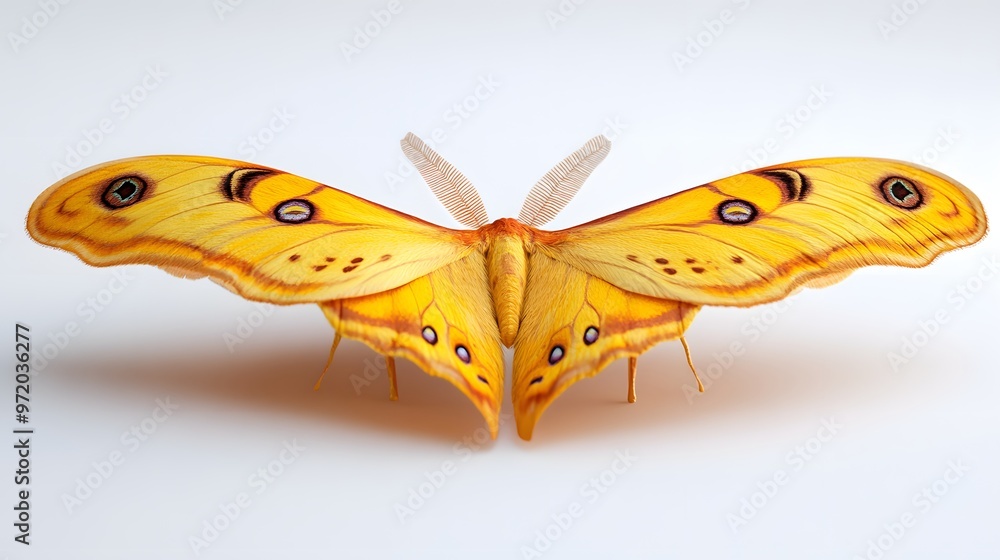 58. A lifelike 3D render of a large yellow moth with detailed wing patterns, isolated on a pristine white background 58. A lifelike 3D render of a large yellow moth with detailed wing patterns, isolated on a pristine white background