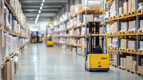 A high-definition photograph of a modern logistics center with rows of shelves and automated forklifts in operation. The image features deep depth of field with space for text at the top of the image.