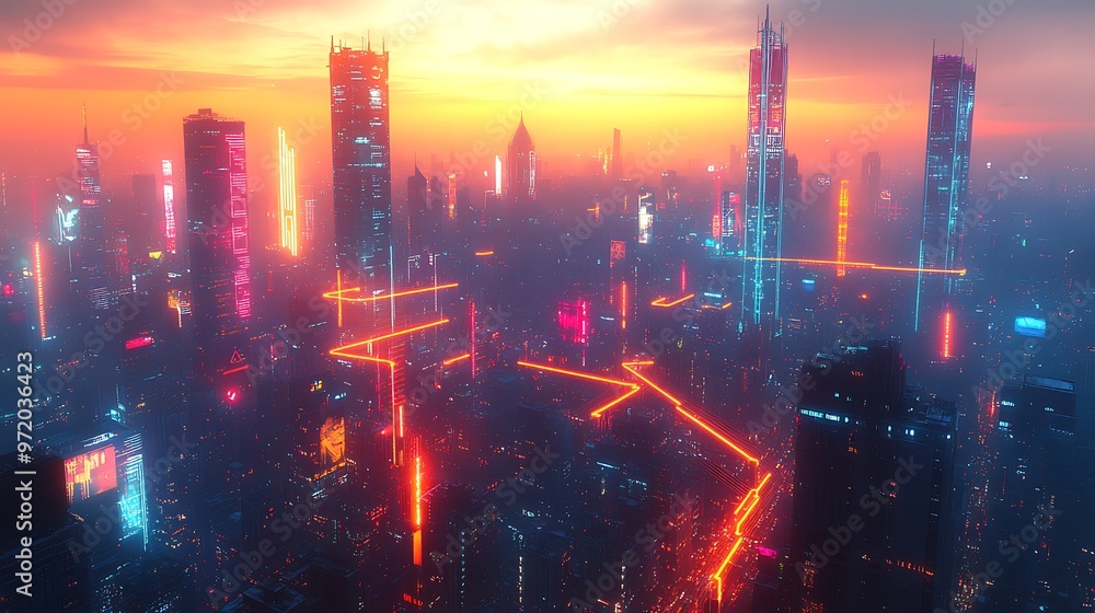 A bird's-eye view of a bustling city with bright neon lines symbolizing data networks flowing between skyscrapers and streets. A bird's-eye view of a bustling city with bright neon lines symbolizing data networks flowing between skyscrapers and streets.